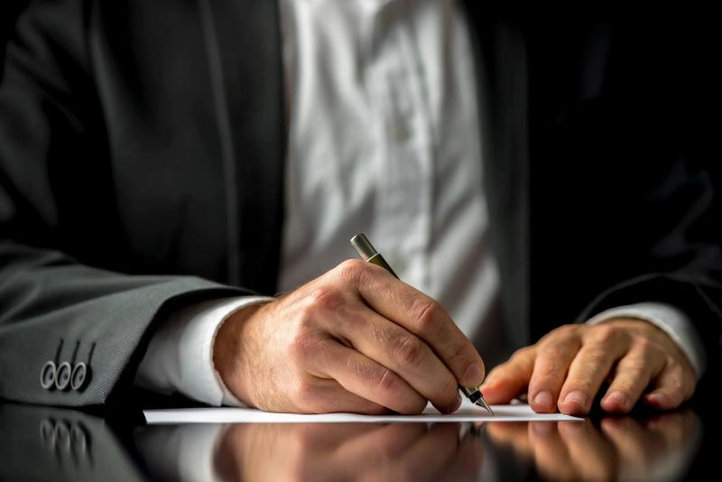 A man writing on paper with a pen.