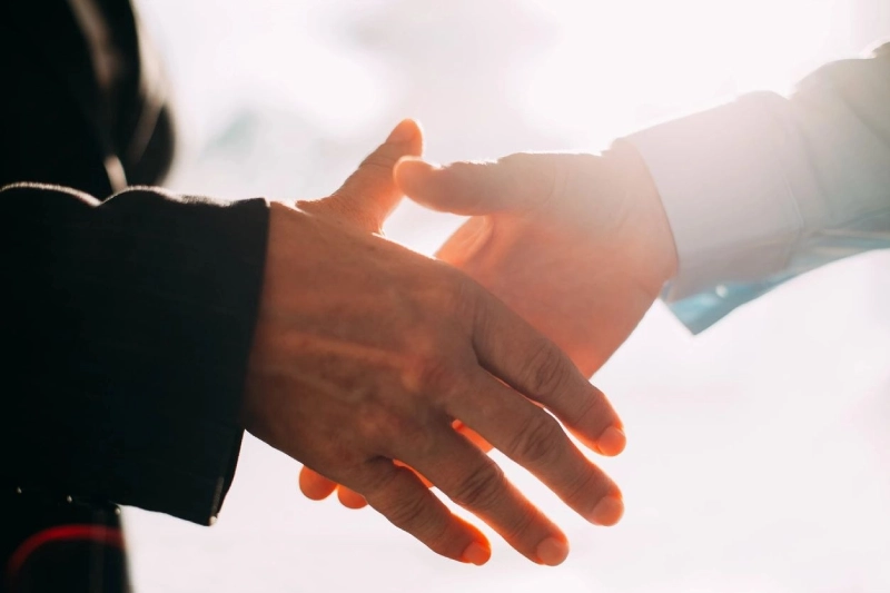 Two people shaking hands in the sunlight.