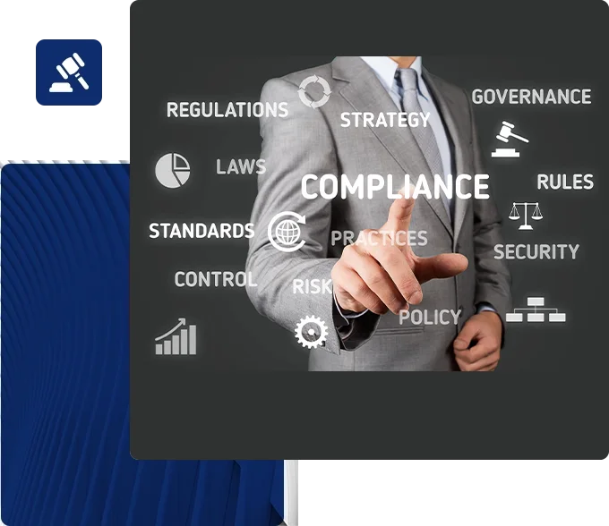 A man pointing to the word compliance on a screen.